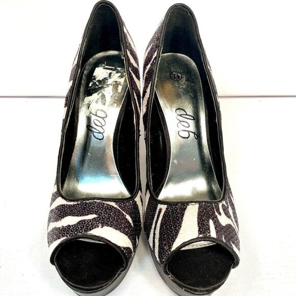 BLACK & WHITE SEQUIN ZEBRA PRINT PEEP TOE WIRH 5”BLACK LACQUER HEEL SIZE 7.5 - Picture 2 of 6